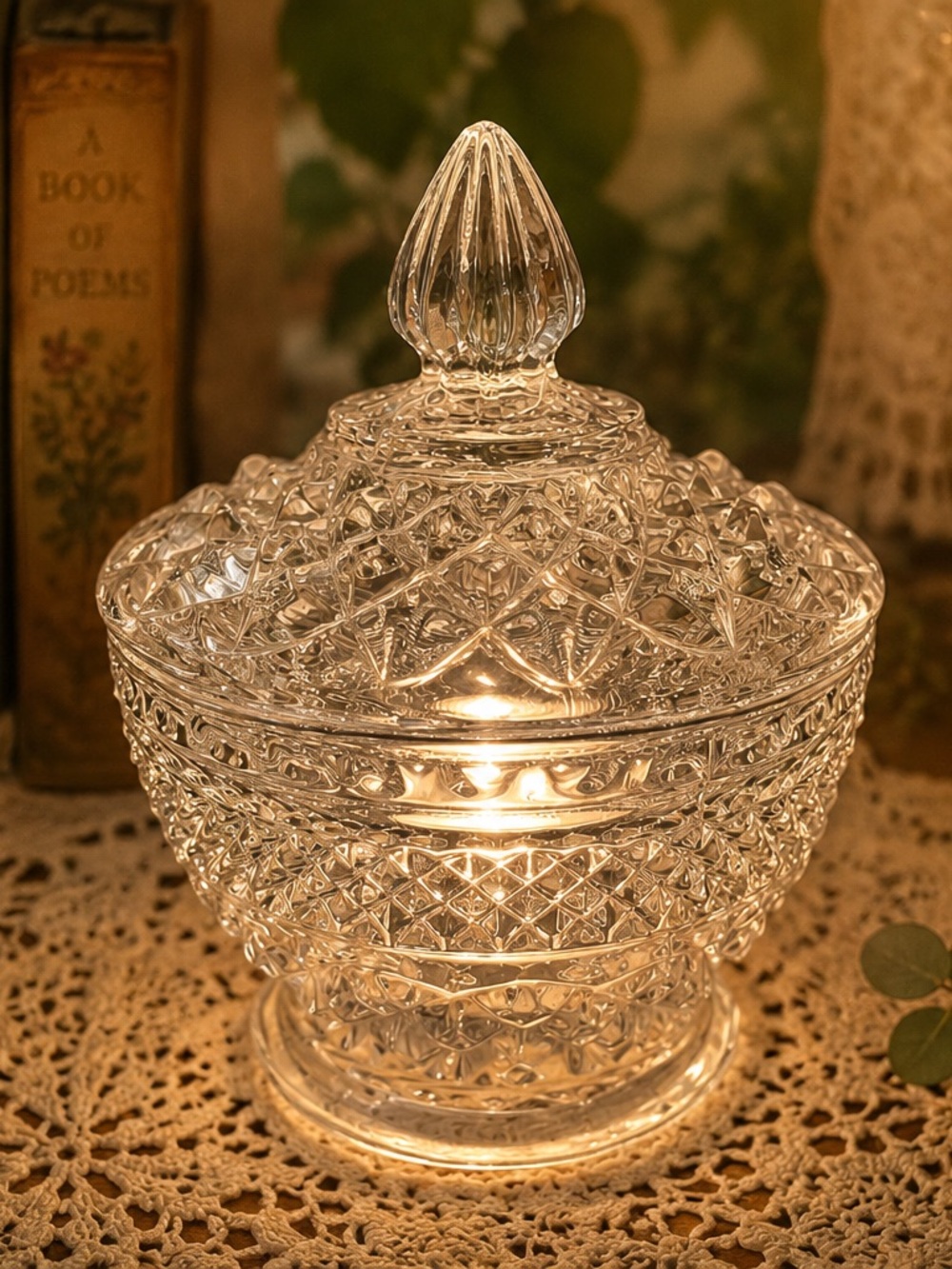 Anchor Hocking Wexford Fairy Lamp Vintage Clear Pressed Glass Sug.Bowl with Lid